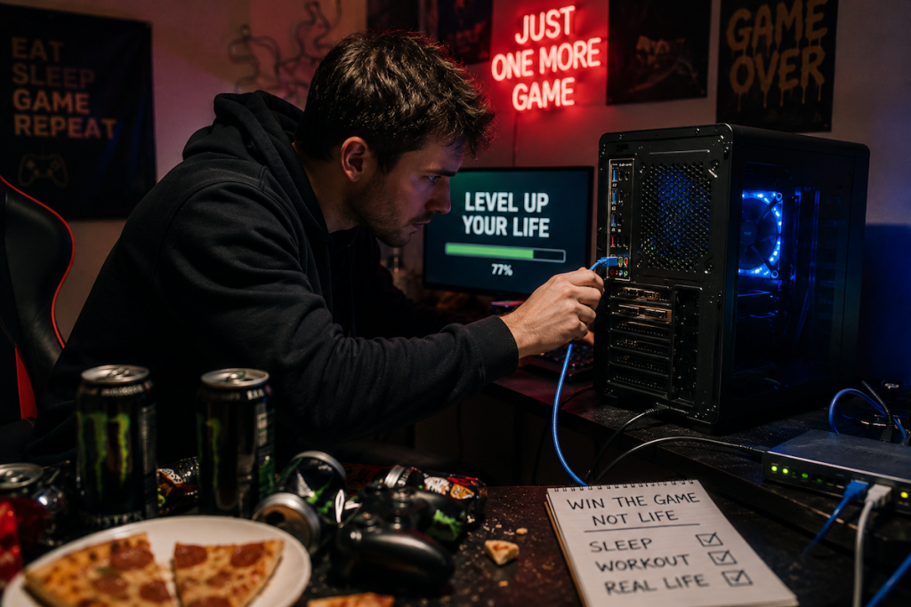 Gamer fixing lag by switching to a wired Ethernet connection with a look of addiction to his gaming