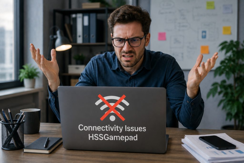 Frustrated man working on HSSGamepad connectivity issues sorted by symptoms
