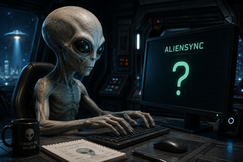 An alien reading the latest in tech at aliensync