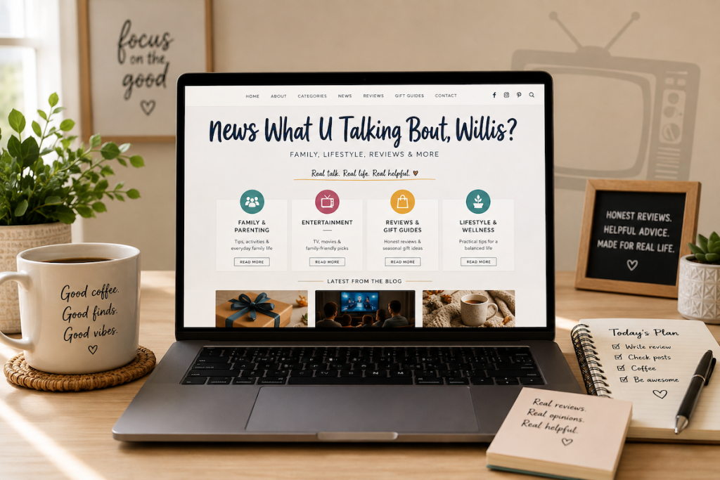 news-whatutalkingboutwillis headlines a blog on a laptop on a table next to a cup of coffee
